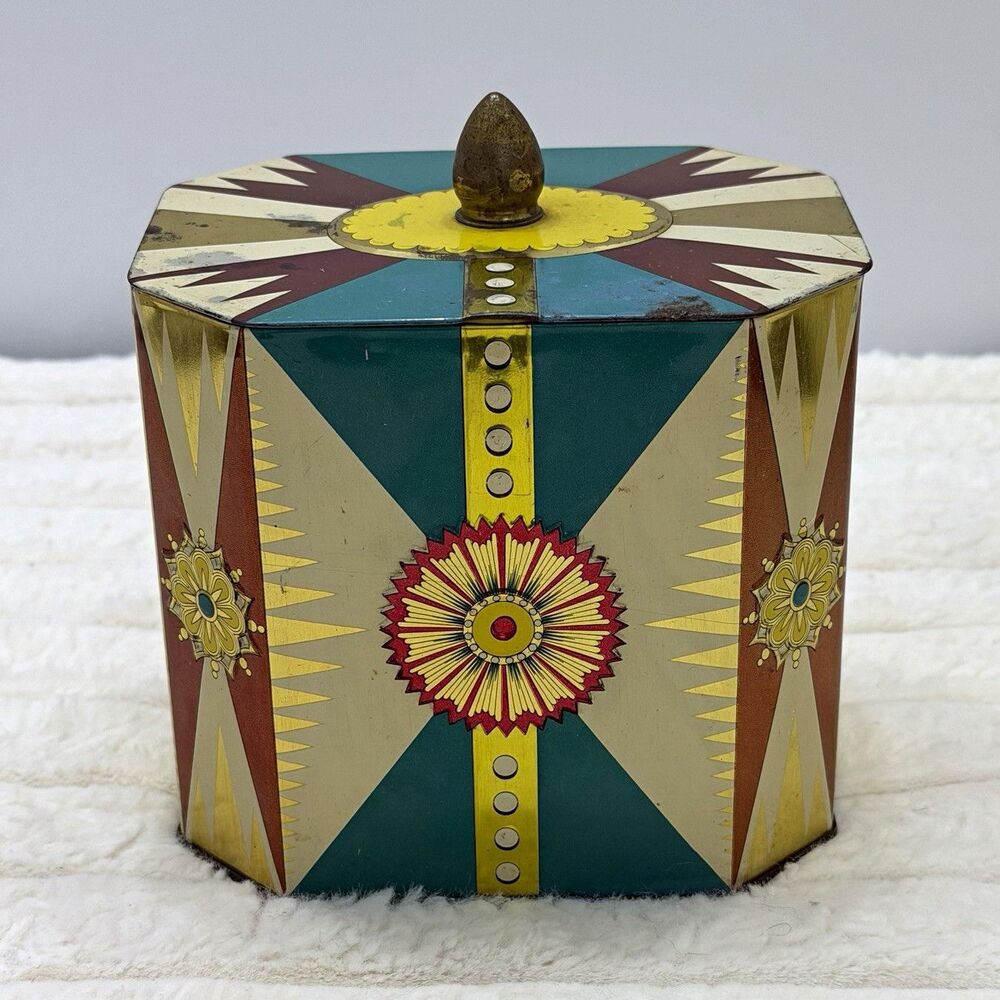 Vintage Daher Style Octagonal Tin Canister Teal Burgundy Gold Finial Decorative